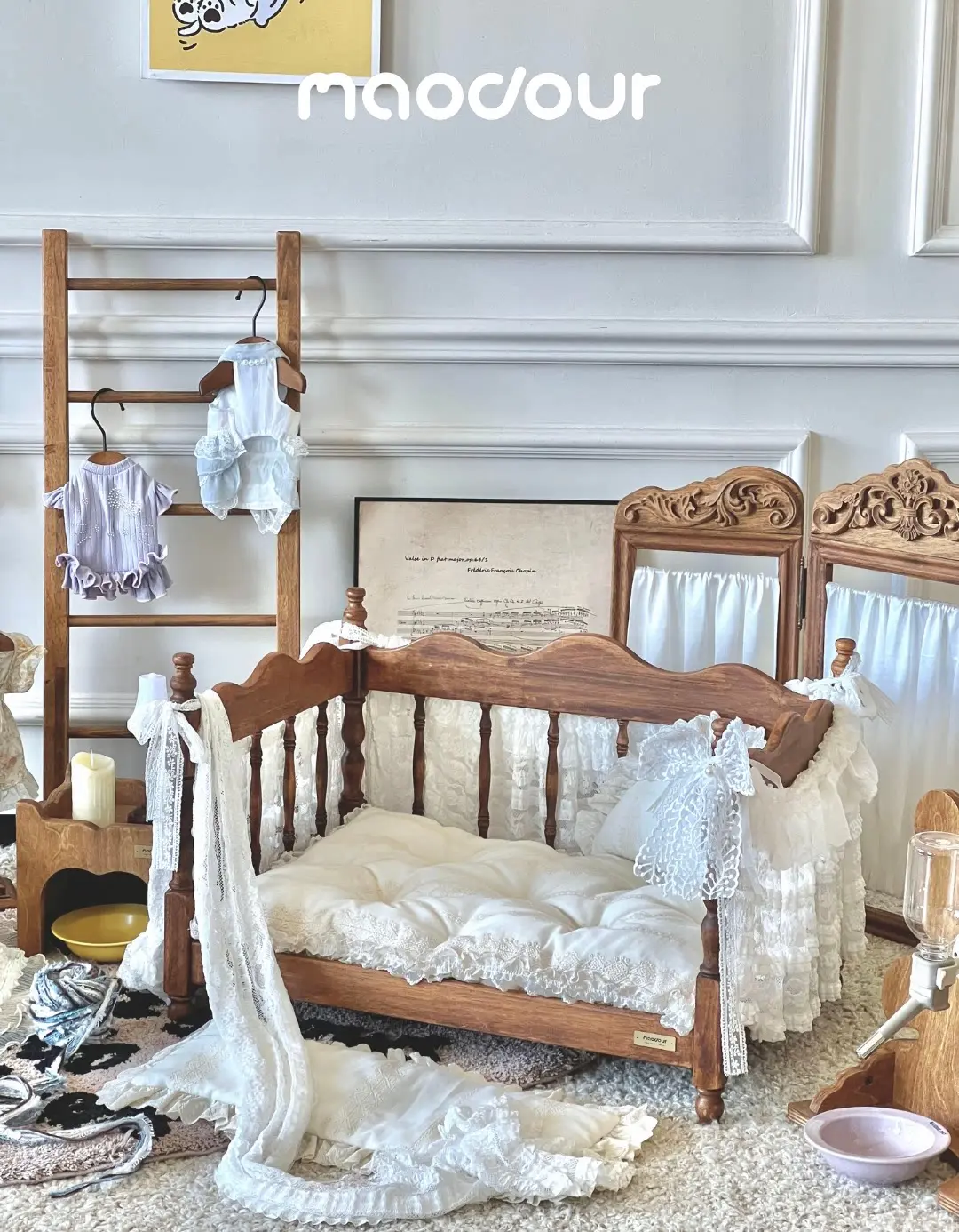 Handmade wooden pet bed styled in a romantic bedroom